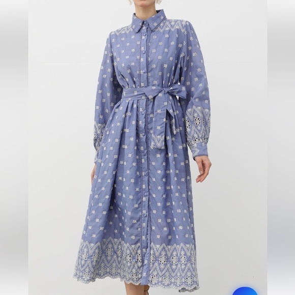 TIE-WAIST EYELET EMBROIDERED COTTON SHIRT DRESS IN BLUE - Picture 2 of 12